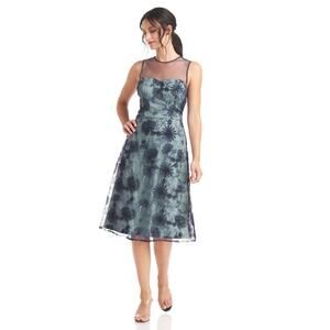 JS Collections Navy Blue Mesh Floral Midi Dress Illusion Cocktail Size 8